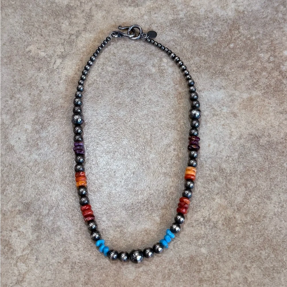 Sterling Silver 14” Graduated Pearls & Multi Stone Necklace - Picture 2 of 3